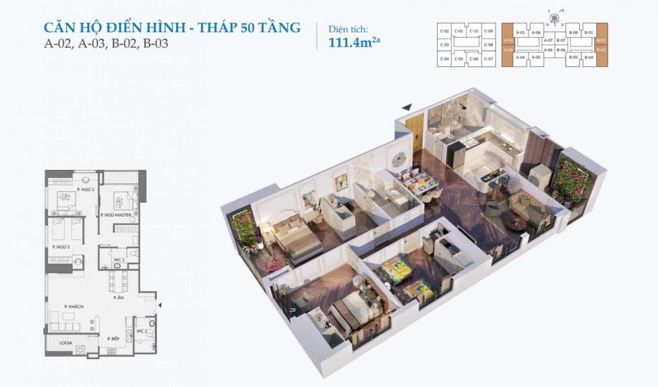 Mặt bằng Grand Sunlake Văn Quán 3 PN 45 tầng
